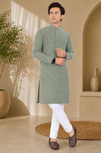 Green color handcrafted luckhnawi chikankari cotton men's kurta payjama set
