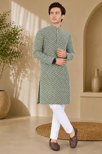 Green color handcrafted luckhnawi chikankari cotton men's kurta payjama set