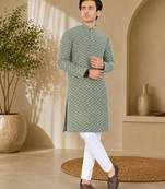 Green color handcrafted luckhnawi chikankari cotton men's kurta payjama set