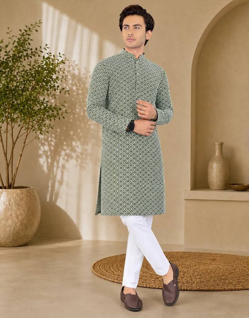 Green color handcrafted luckhnawi chikankari cotton men's kurta payjama set