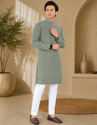 Green color handcrafted luckhnawi chikankari cotton men's kurta payjama set 2