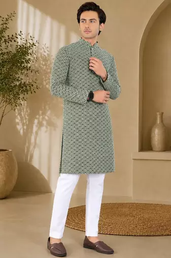 Green color handcrafted luckhnawi chikankari cotton men's kurta payjama set