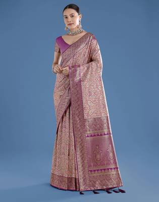 purple silk blend banarasi jacuard work saree with unstitched blouse piece 1