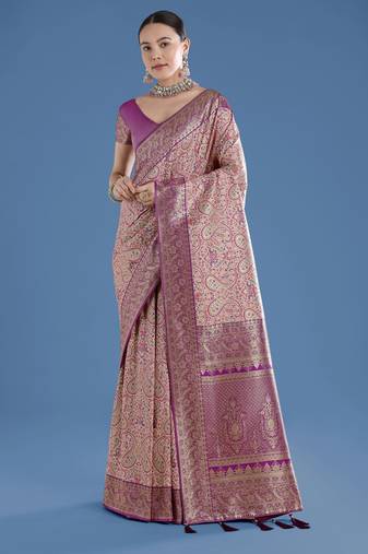 purple silk blend banarasi jacuard work saree with unstitched blouse piece