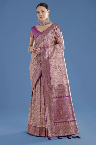 purple silk blend banarasi jacuard work saree with unstitched blouse piece