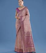 purple silk blend banarasi jacuard work saree with unstitched blouse piece