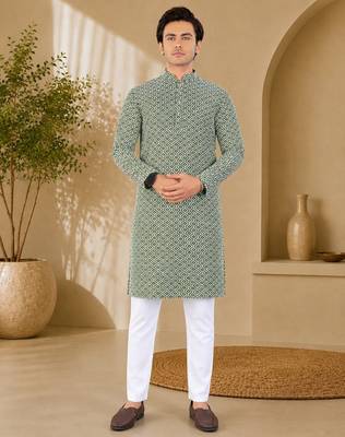 Green color handcrafted luckhnawi chikankari cotton men's kurta payjama set 3