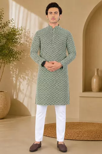 Green color handcrafted luckhnawi chikankari cotton men's kurta payjama set