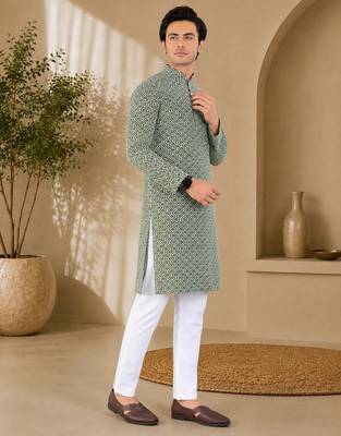 Green color handcrafted luckhnawi chikankari cotton men's kurta payjama set 4