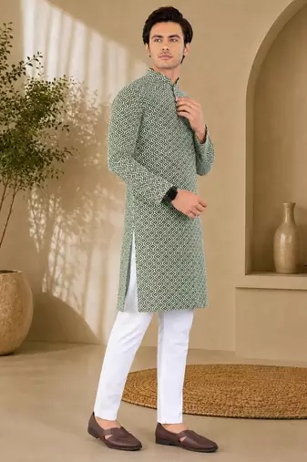Green color handcrafted luckhnawi chikankari cotton men's kurta payjama set