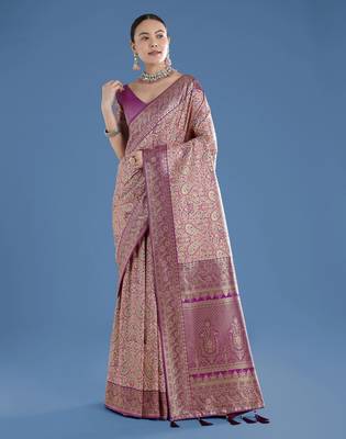 purple silk blend banarasi jacuard work saree with unstitched blouse piece 2