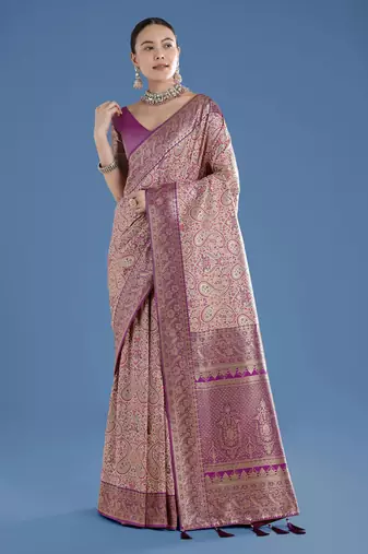 purple silk blend banarasi jacuard work saree with unstitched blouse piece