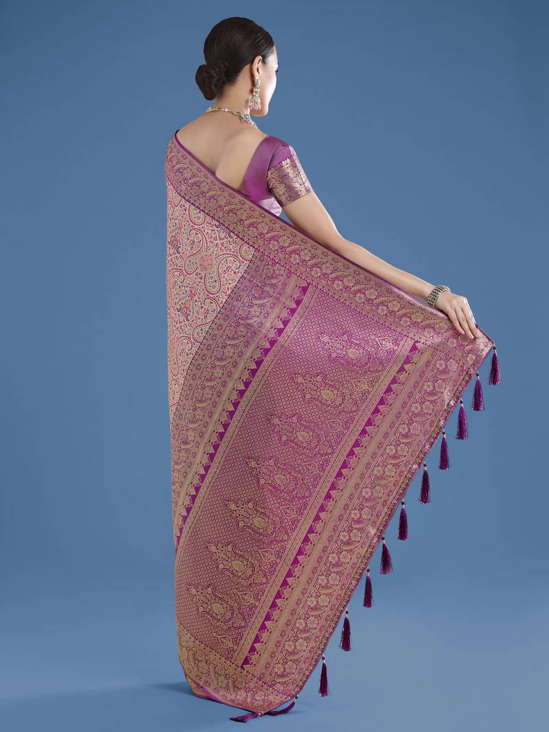 purple silk blend banarasi jacuard work saree with unstitched blouse piece