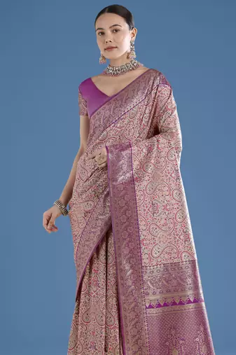 purple silk blend banarasi jacuard work saree with unstitched blouse piece