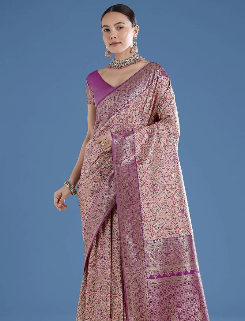 purple silk blend banarasi jacuard work saree with unstitched blouse piece