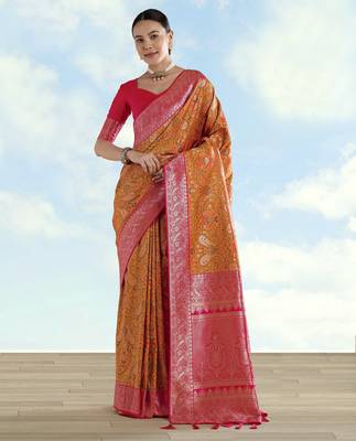 yellow pink silk blend banarasi jacuard work saree with unstitched blouse piece 1