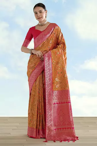 yellow pink silk blend banarasi jacuard work saree with unstitched blouse piece