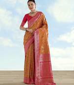 yellow pink silk blend banarasi jacuard work saree with unstitched blouse piece