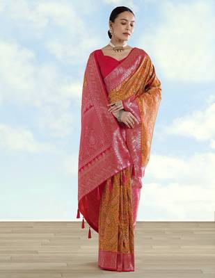 yellow pink silk blend banarasi jacuard work saree with unstitched blouse piece 2