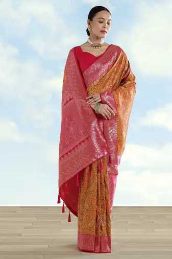 yellow pink silk blend banarasi jacuard work saree with unstitched blouse piece