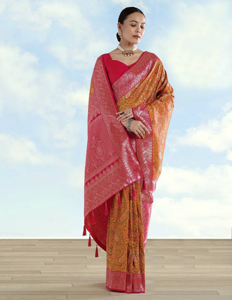 yellow pink silk blend banarasi jacuard work saree with unstitched blouse piece
