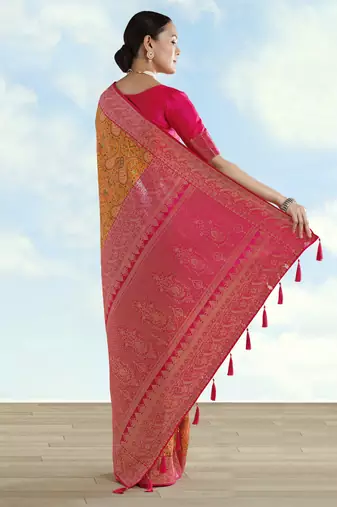 yellow pink silk blend banarasi jacuard work saree with unstitched blouse piece