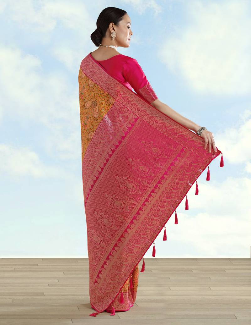 yellow pink silk blend banarasi jacuard work saree with unstitched blouse piece