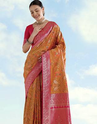yellow pink silk blend banarasi jacuard work saree with unstitched blouse piece 4