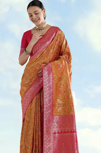 yellow pink silk blend banarasi jacuard work saree with unstitched blouse piece