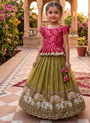 Kids moss satin elephant motif cutdana work lehenga with zari silk peplum blouse 1