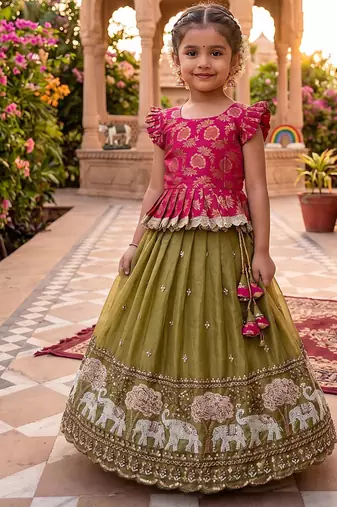 Kids moss satin elephant motif cutdana work lehenga with zari silk peplum blouse