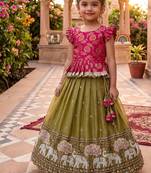 Kids moss satin elephant motif cutdana work lehenga with zari silk peplum blouse