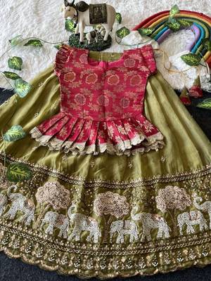 Kids moss satin elephant motif cutdana work lehenga with zari silk peplum blouse 2