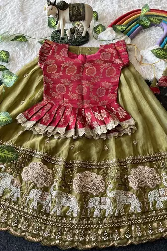 Kids moss satin elephant motif cutdana work lehenga with zari silk peplum blouse