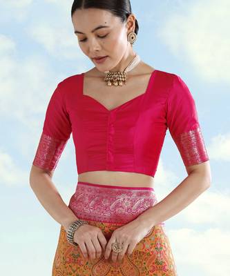 yellow pink silk blend banarasi jacuard work saree with unstitched blouse piece 5