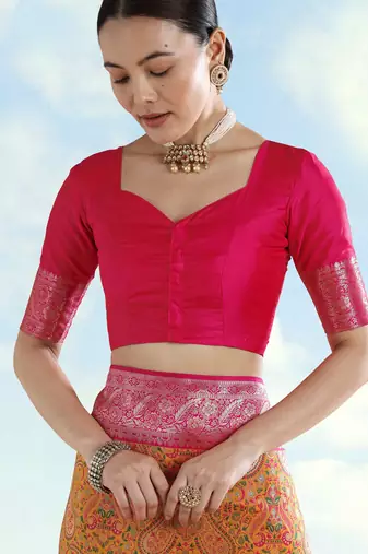 yellow pink silk blend banarasi jacuard work saree with unstitched blouse piece
