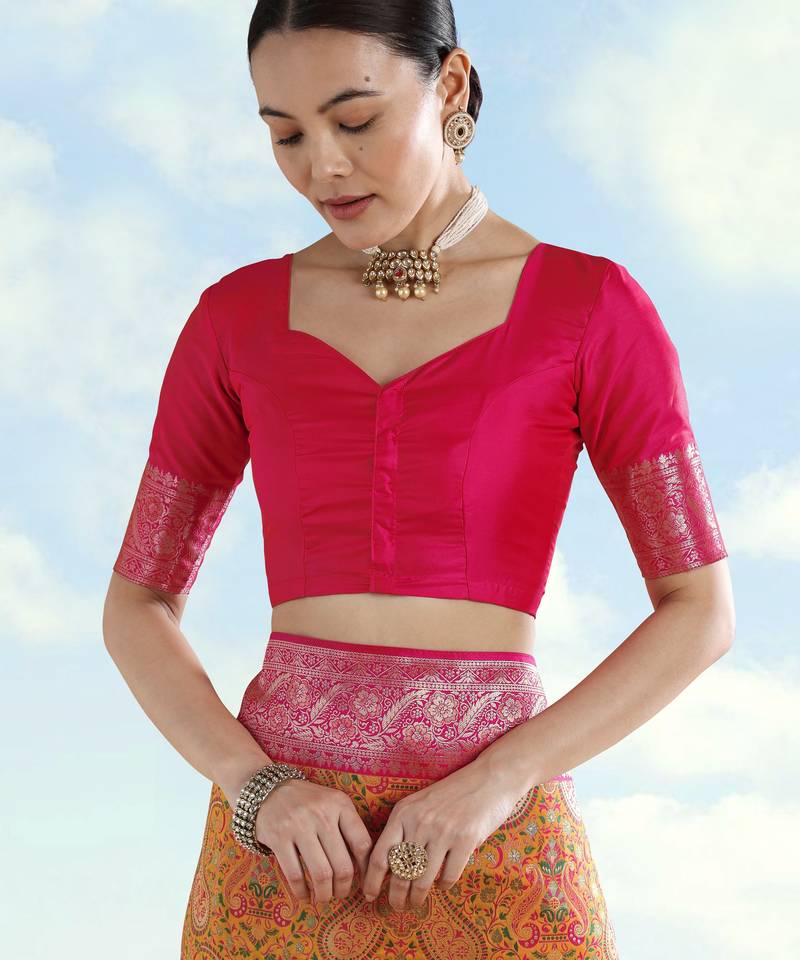yellow pink silk blend banarasi jacuard work saree with unstitched blouse piece