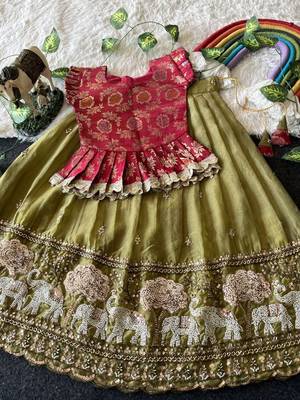 Kids moss satin elephant motif cutdana work lehenga with zari silk peplum blouse 3