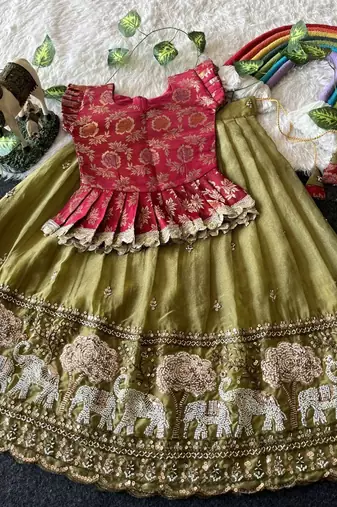 Kids moss satin elephant motif cutdana work lehenga with zari silk peplum blouse