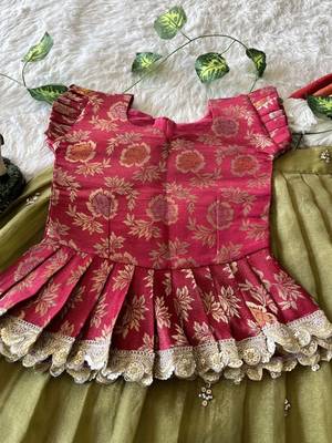 Kids moss satin elephant motif cutdana work lehenga with zari silk peplum blouse 4