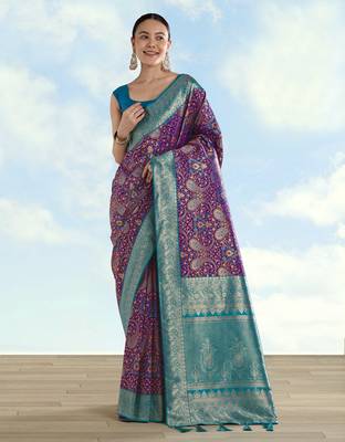 wine silk blend banarasi jacuard work saree with unstitched blouse piece 1