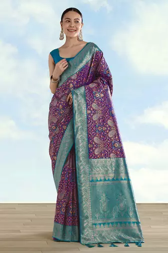 wine silk blend banarasi jacuard work saree with unstitched blouse piece