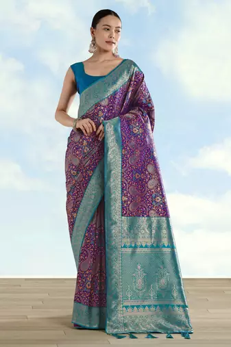 wine silk blend banarasi jacuard work saree with unstitched blouse piece