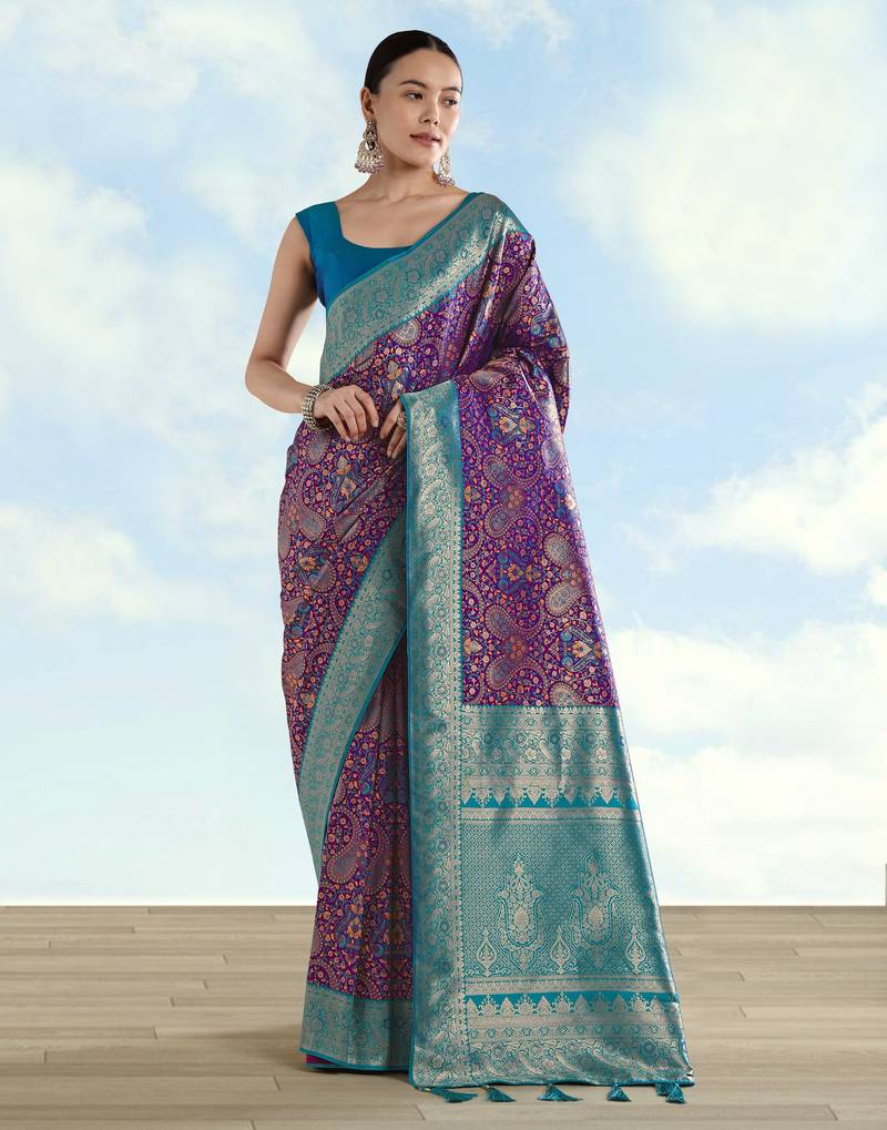wine silk blend banarasi jacuard work saree with unstitched blouse piece