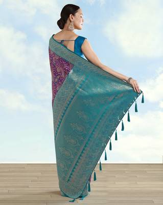 wine silk blend banarasi jacuard work saree with unstitched blouse piece 3