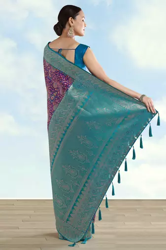 wine silk blend banarasi jacuard work saree with unstitched blouse piece