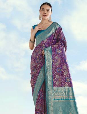 wine silk blend banarasi jacuard work saree with unstitched blouse piece 4