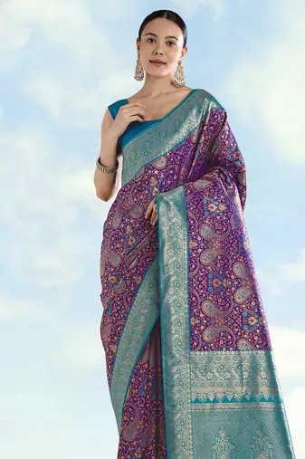 wine silk blend banarasi jacuard work saree with unstitched blouse piece