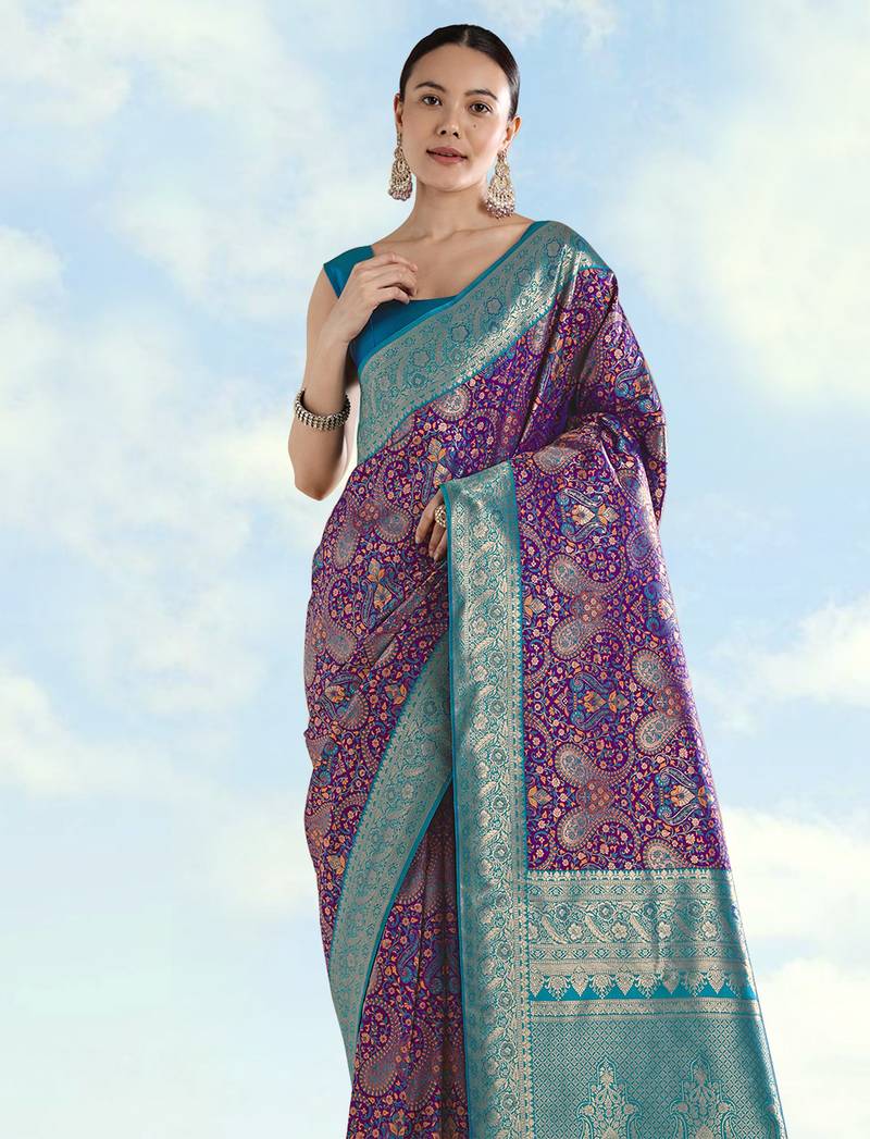 wine silk blend banarasi jacuard work saree with unstitched blouse piece