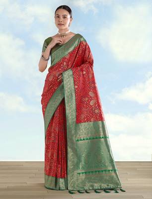 red silk blend banarasi jacuard work saree with unstitched blouse piece 1